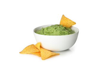 Bowl of guacamole and chips isolated on white background