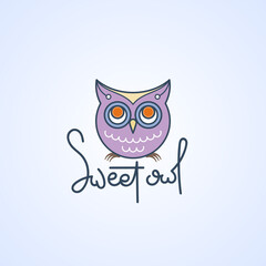 Sweet owl logo. Doodel isolated emblem design. Kids education symbol