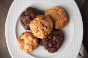 Cookies on a white plate close up bird's eye view