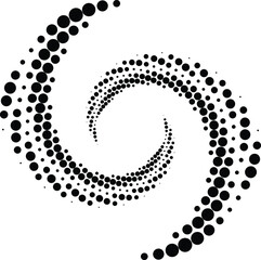 Black halftone dots in vortex form. Geometric art. Trendy design element.Circular and radial lines volute, helix.Segmented circle with rotation.Radiating arc lines.Cochlear
