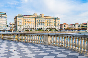 Leghorn, Tuscany Italy. Mascagni Terrace. Terrazza Mascagni, is a square overlooking the sea, with its very special black and white checkered floor.