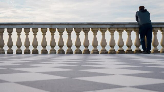 Leghorn, Tuscany Italy. Mascagni Terrace. Terrazza Mascagni, is a square overlooking the sea, with its very special black and white checkered floor. CINEMA RAW FOOTAGE