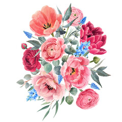 Beautiful floral composition with watercolor gentle red summer flowers. Stock bouquet illustration.