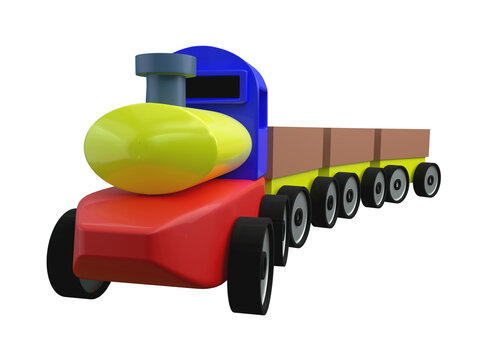 Plastic wooden farm transport train truck toy for kids. 3D RENDER ILLUSTRATION. CLIPPING PATH on ISOLATED WHITE BACKGROUND.