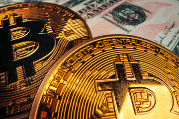 Fototapeta na wymiar Bitcoin on american dollar banknote close up