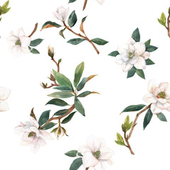 Beautiful vector seamless pattern with hand drawn watercolor white magnolia flowers. Stock illustration.