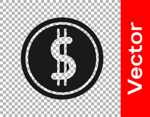 Black Coin money with dollar symbol icon isolated on transparent background. Banking currency sign. Cash symbol. Vector Illustration.