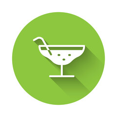 White Cocktail icon isolated with long shadow. Green circle button. Vector Illustration.