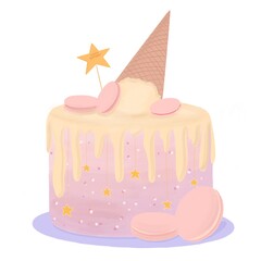 Birthday cake for kids. Illustration for greeting cards, logo, stikers and etc. 