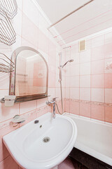 Russia, Moscow- April 22, 2020: interior room apartment modern bright cozy atmosphere. general cleaning, home decoration, preparation of house for sale. modern bathroom, sink, decor elements, toilet