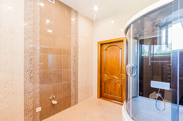 Russia, Moscow- April 22, 2020: interior room apartment modern bright cozy atmosphere. general cleaning, home decoration, preparation of house for sale. modern bathroom, sink, decor elements, toilet