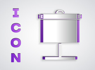 Paper cut Projection screen icon isolated on grey background. Business presentation visual content like slides, infographics and video. Paper art style. Vector Illustration.