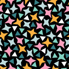 Seamless pattern with bright geometric stars on black background