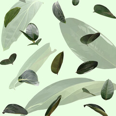 Vector green falling leaf seamless pattern isolated on light green background. Floral collection, design element in low poly style.	

