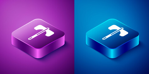 Isometric Medieval axe icon isolated on blue and purple background. Battle axe, executioner axe. Medieval weapon. Square button. Vector.