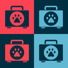 Pop art Pet first aid kit icon isolated on color background. Dog or cat paw print. Clinic box. Vector.
