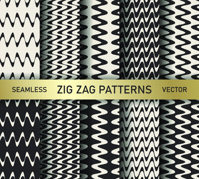 Set of seamless vector zig zag patterns. Collection of romantic zigzag wavy lines background. For decoration, fabric, textile, wrapping, cover, design etc.	