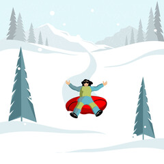 A happy Girl goes down on a sledge from the mountain. Vector illustration