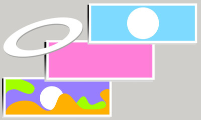 Fototapeta premium Drei verschieden farbige rechteckige Flächen mit Schlagschatten diagonal angeordnet und ein ovaler weißer Reif vor grauem Hintergrund