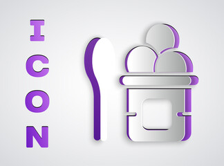 Paper cut Ice cream in the bowl and spoon icon isolated on grey background. Sweet symbol. Paper art style. Vector.