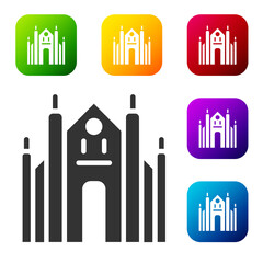 Black Milan Cathedral or Duomo di Milano icon isolated on white background. Famous landmark of Milan, Italy. Set icons in color square buttons. Vector.