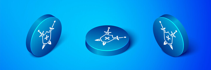 Isometric Medieval shield with crossed swords icon isolated on blue background. Blue circle button. Vector.