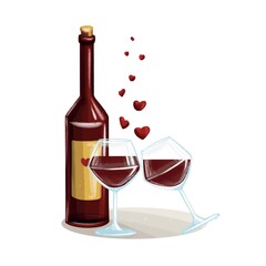 Digital illustration of wine bottle and glasses. Cartoon, Valentine’s Day art 
