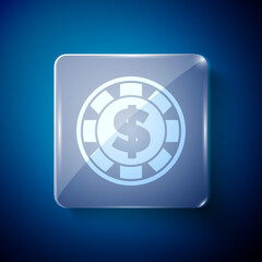 White Casino chip with dollar symbol icon isolated on blue background. Casino gambling. Square glass panels. Vector.