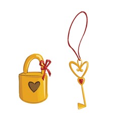 Golden lock and key. Valentine’s Day art, cartoon, digital illustration.