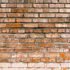 Vintage Red Brick Wall Background. Aged Wall Texture. Distressed Brickwork. Grungy Stonewall Background. Toned Effect. Square Image.