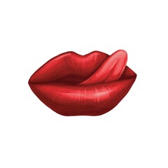 Illustration of red lips with tongue. Digital art,  cartoon, design for stickers 