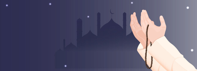 Illustration Of Muslim Praying Hands With Tasbih On Blue Silhouette Mosque Background.