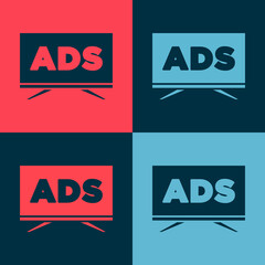 Pop art Advertising icon isolated on color background. Concept of marketing and promotion process. Responsive ads. Social media advertising. Vector.