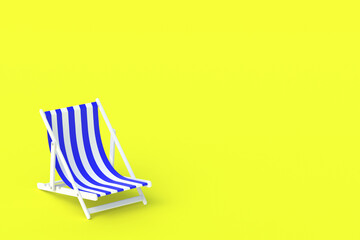 One striped beach chair on yellow background. Summertime. Relax on the beach, resort. Sunbathing. Exotic vacation in summer. Travel company advertisement. Copy space. 3d rendering