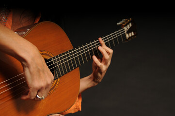 Close up of an acoustic guitar being played