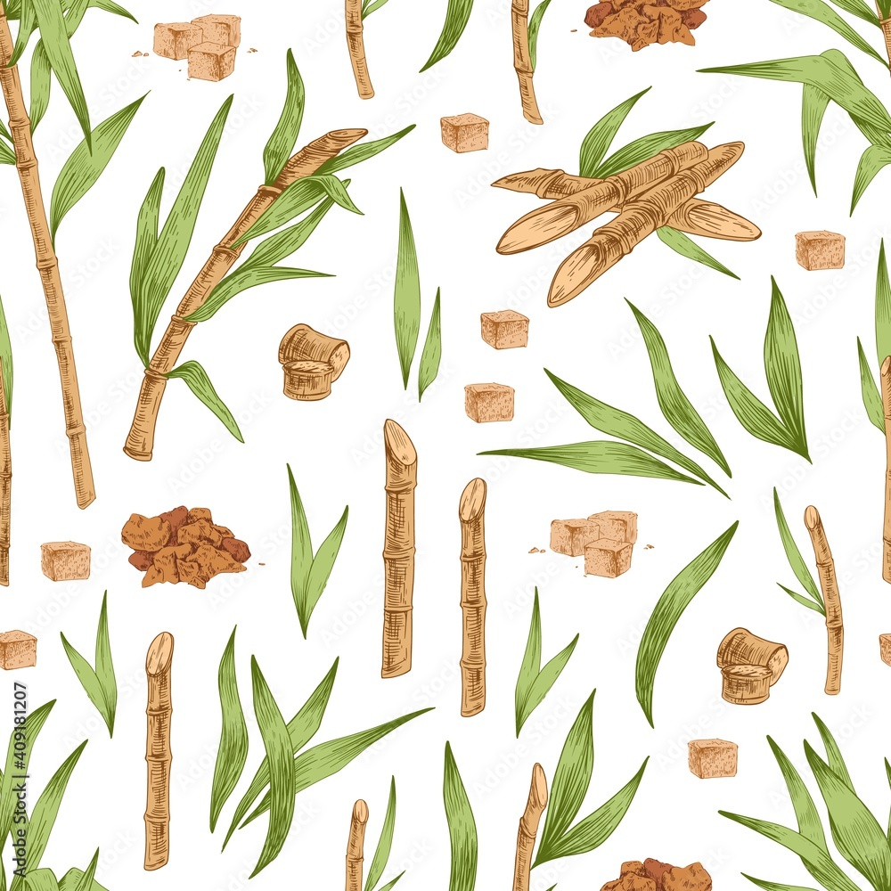 Poster seamless botanical pattern with piles and cubes of brown sugar, cane leaves and branches. endless re
