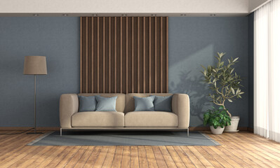 Living room with sofa against wooden panel