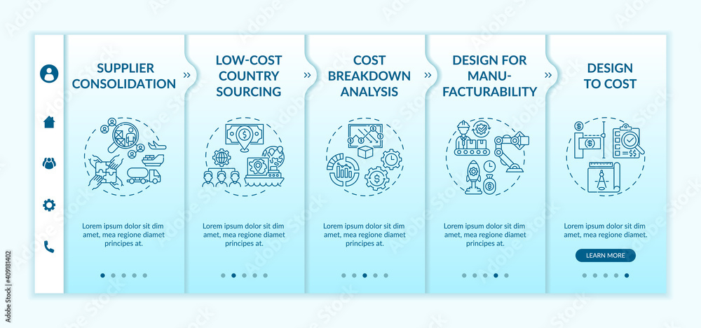 Poster cost reduction strategies onboarding vector template. design for ,anufacturability. responsive mobil