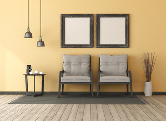 Two wooden armchairs in a yellow room