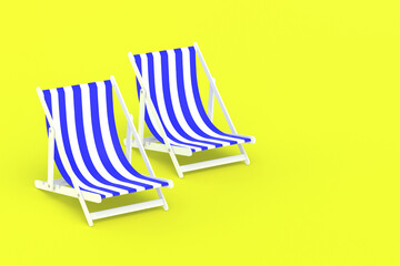 Two striped beach chairs on yellow background. Summertime. Relax on the beach, resort. Sunbathing. Exotic vacation in summer. Travel company advertisement. Copy space. 3d rendering