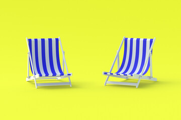 Two striped beach chairs on yellow background. Summertime. Relax on the beach, resort. Sunbathing. Exotic vacation in summer. Travel company advertisement. 3d rendering