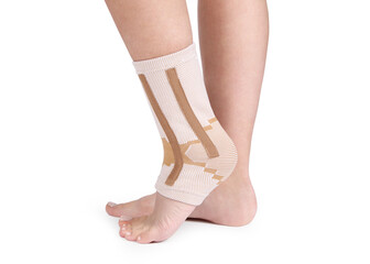 Orthopedic Ankle Brace. Medical Ankle Bandage. Medical Ankle Support Strap Adjustable Wrap Bandage Brace foot Pain Relief Sport. Leg Brace isolated on white background. Trauma Ankle orthosis. Injury