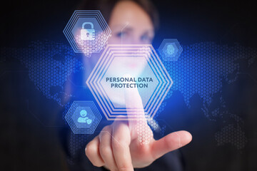 Business, Technology, Internet and network concept. Young businessman working on a virtual screen of the future and sees the inscription: Personal data protection