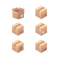 Cardboard carton box set. Delivery and storage. Isometric vector illustration. Isolated on white background. 