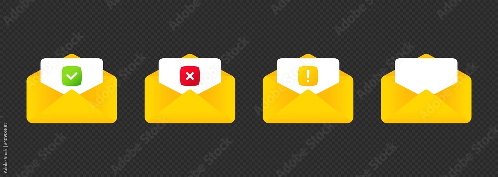 Poster open envelope containing check mark, exclamation mark and cross mark or email. letter icon. vector o