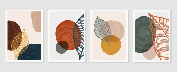 Botanischer Wandkunstvektor-Hintergrundsatz. Blattstrichkunstzeichnung mit Aquarell. Abstraktes Pflanzenkunstdesign für gerahmte Wanddrucke, Leinwanddrucke, Poster, Wohnkultur, Cover, Tapeten. © TWINS DESIGN STUDIO
