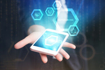 Business, Technology, Internet and network concept. Young businessman working on a virtual screen...