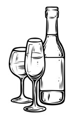 Wine bottle and two glasses, monochrome, vector