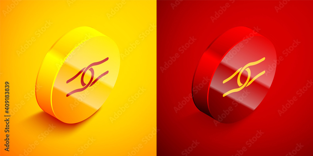 Sticker Isometric Rope tied in a knot icon isolated on orange and red background. Circle button. Vector.