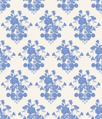 The ornament is ordered with roses for wallpaper. Vector seamless pattern with blue colors on an ivory background.